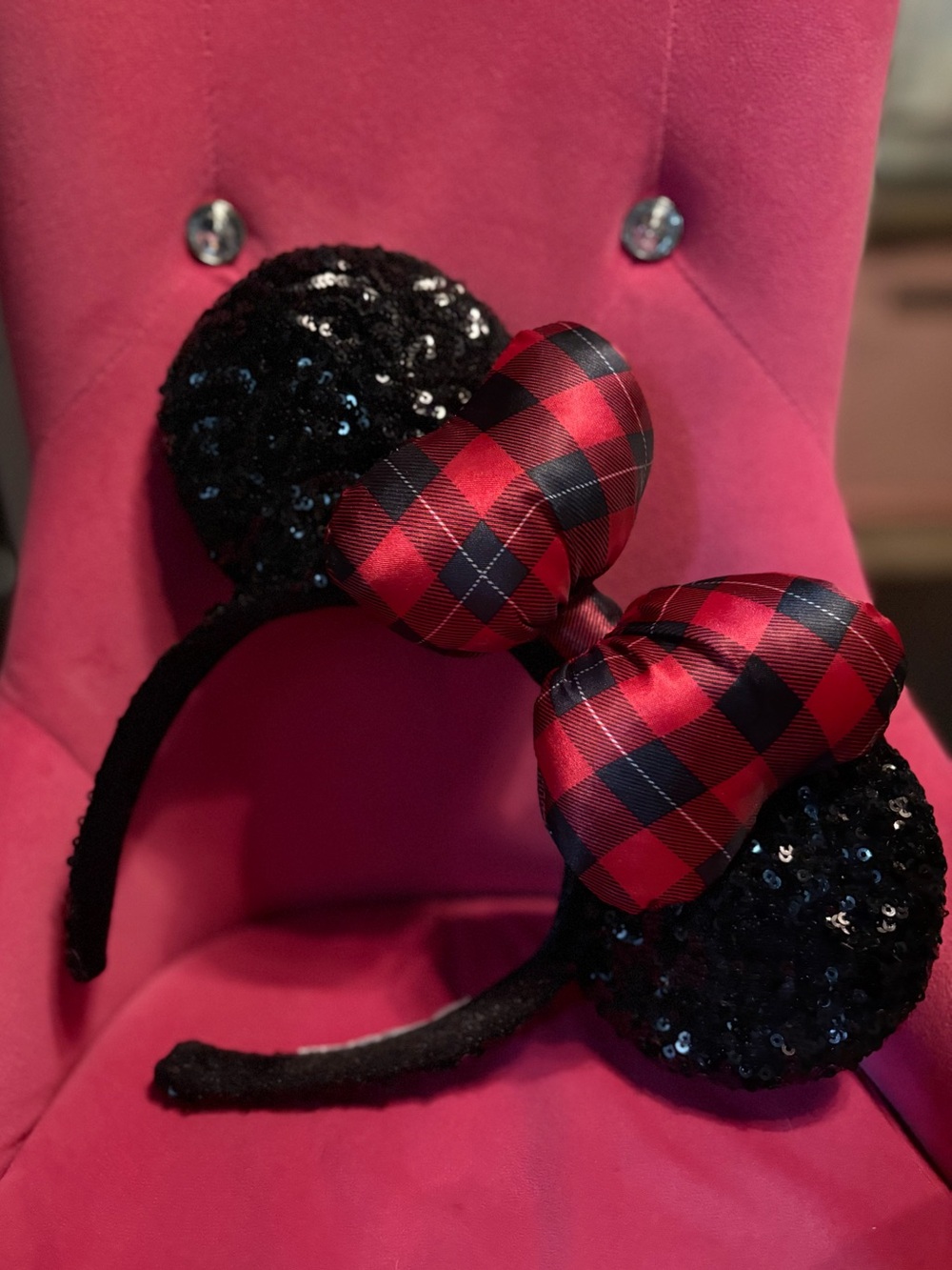Black Sequin Minnie Ears with Red Plaid Bow